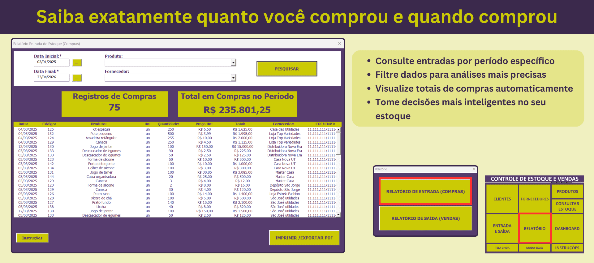 Relatório de compras com filtro por data, produto e fornecedor