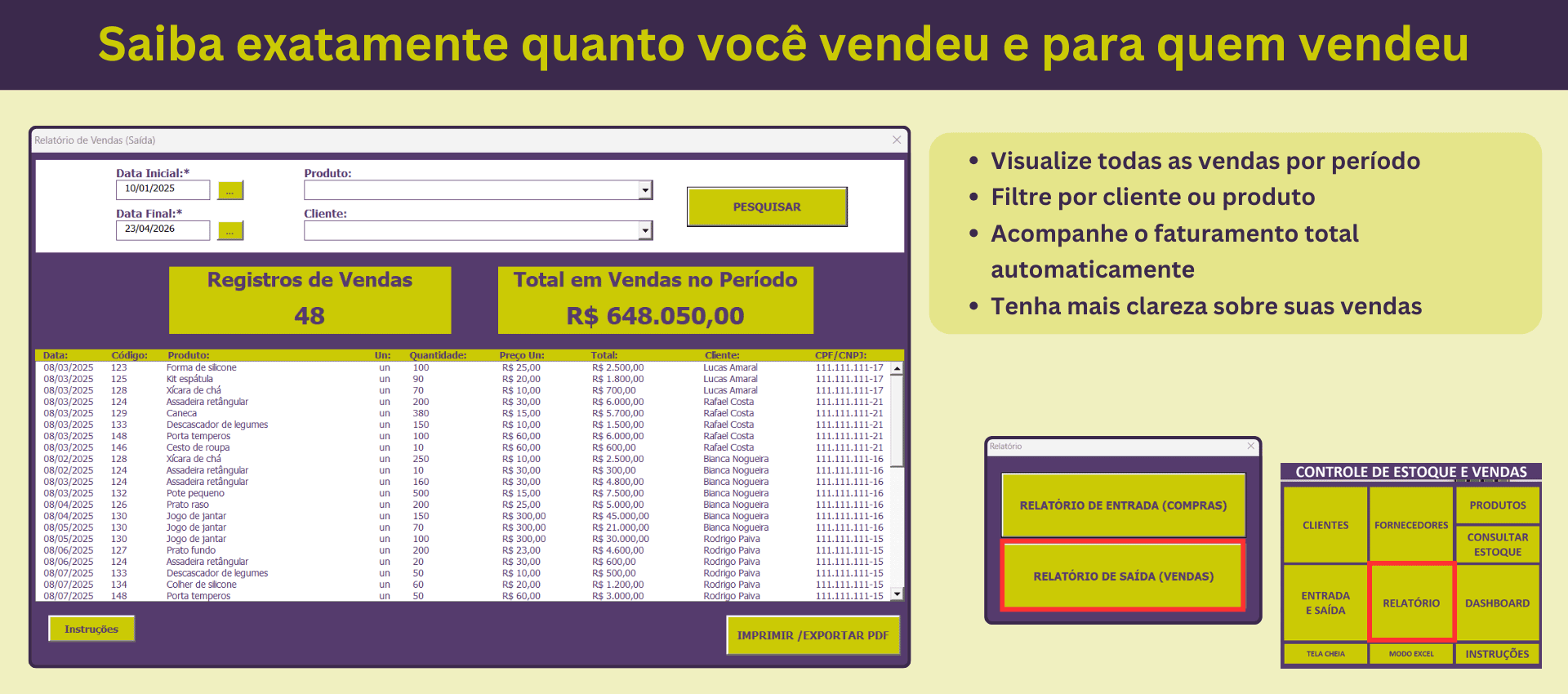 Relatório de saídas com total de vendas e filtro por cliente ou produto