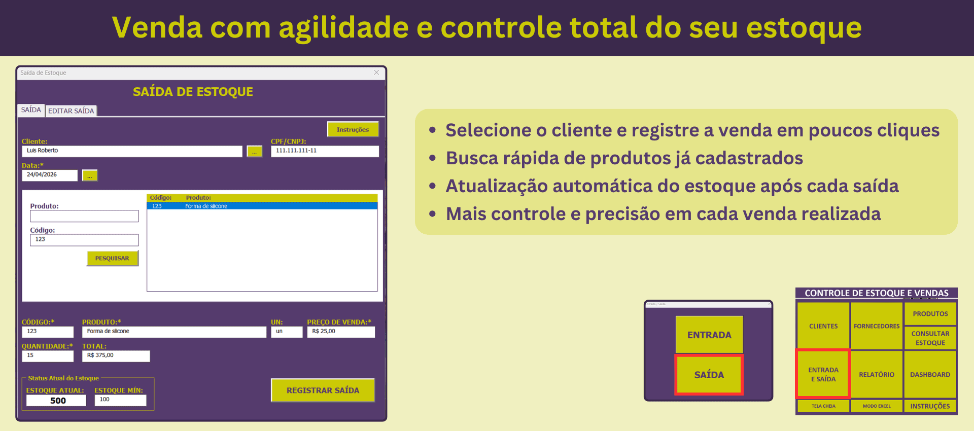 Tela de saída de estoque com seleção de cliente e produto