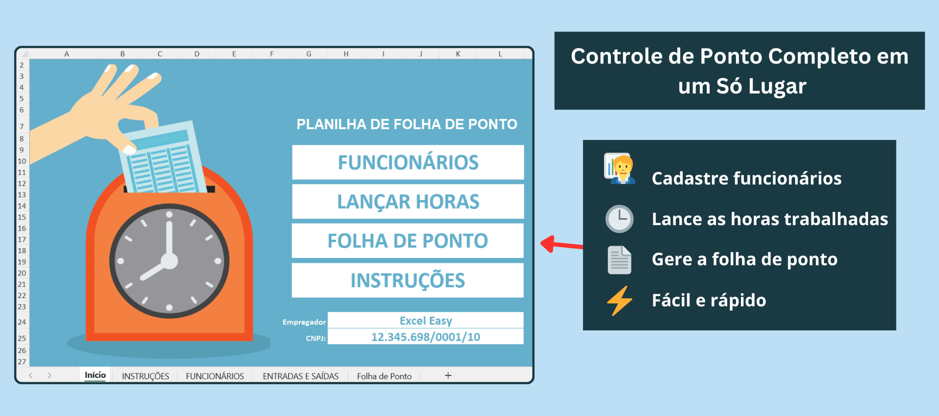 menu inicial da planilha de ponto com opções de cadastro, lançamento de horas e folha de ponto