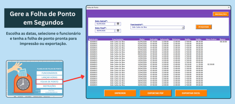 Planilha de Ponto e Controle de Horas - Loja Excel Easy