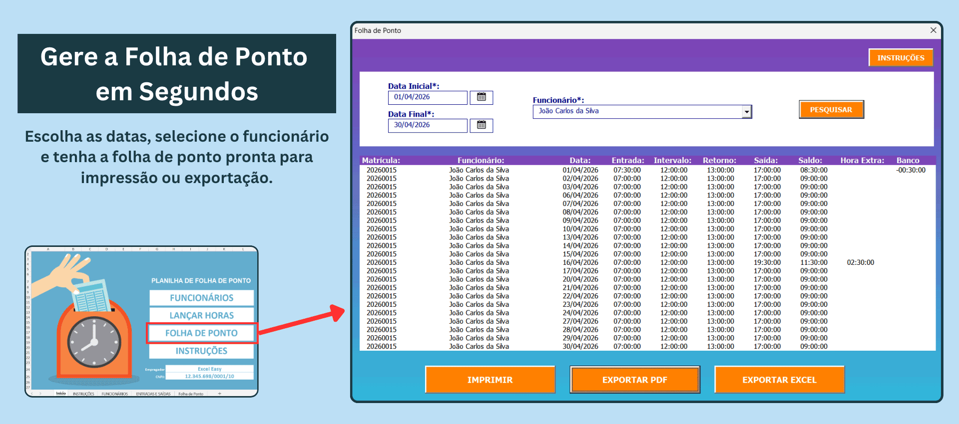 geração de folha de ponto por período e funcionário em planilha no Excel