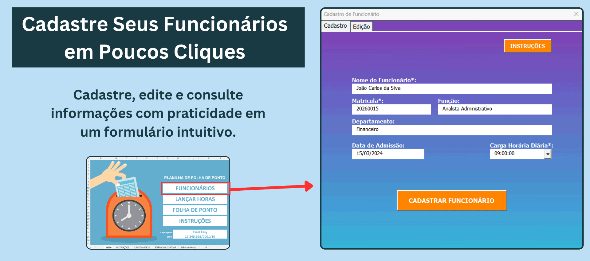 formulário de cadastro de funcionários na planilha de controle de ponto no Excel