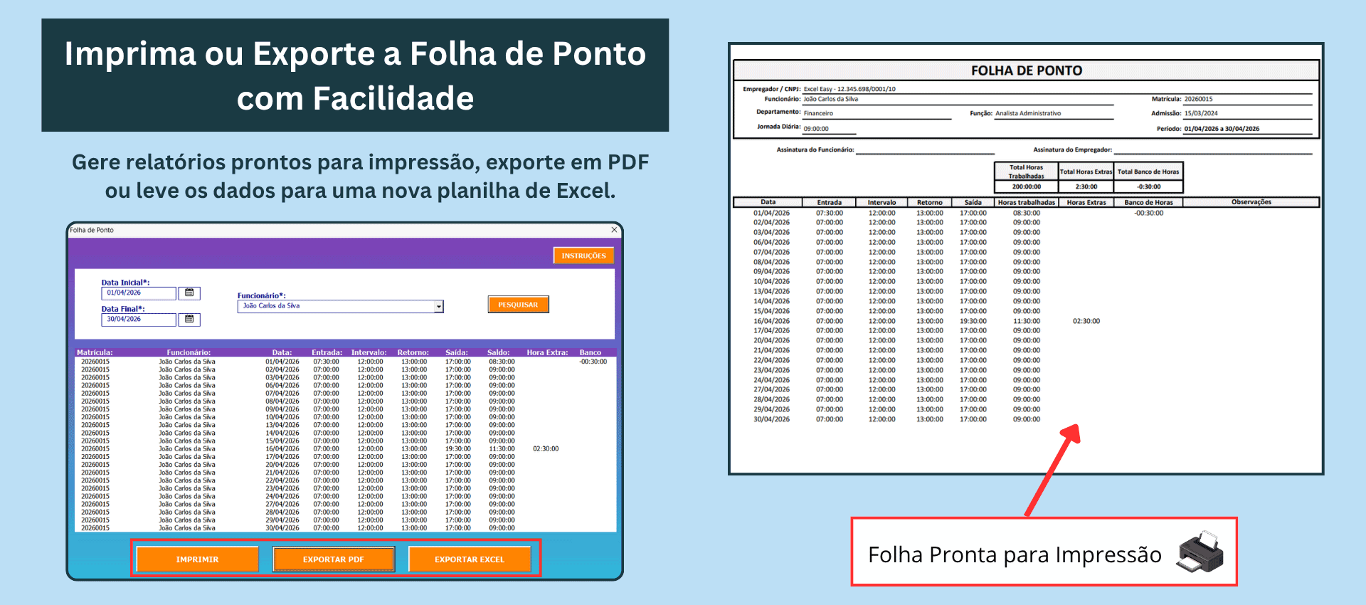 folha de ponto pronta para impressão exportação em PDF ou Excel