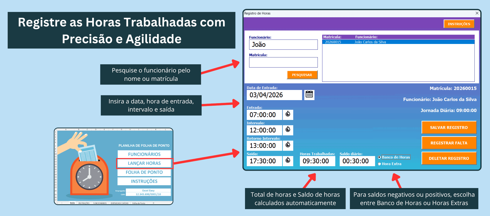 registro de horas trabalhadas com cálculo automático