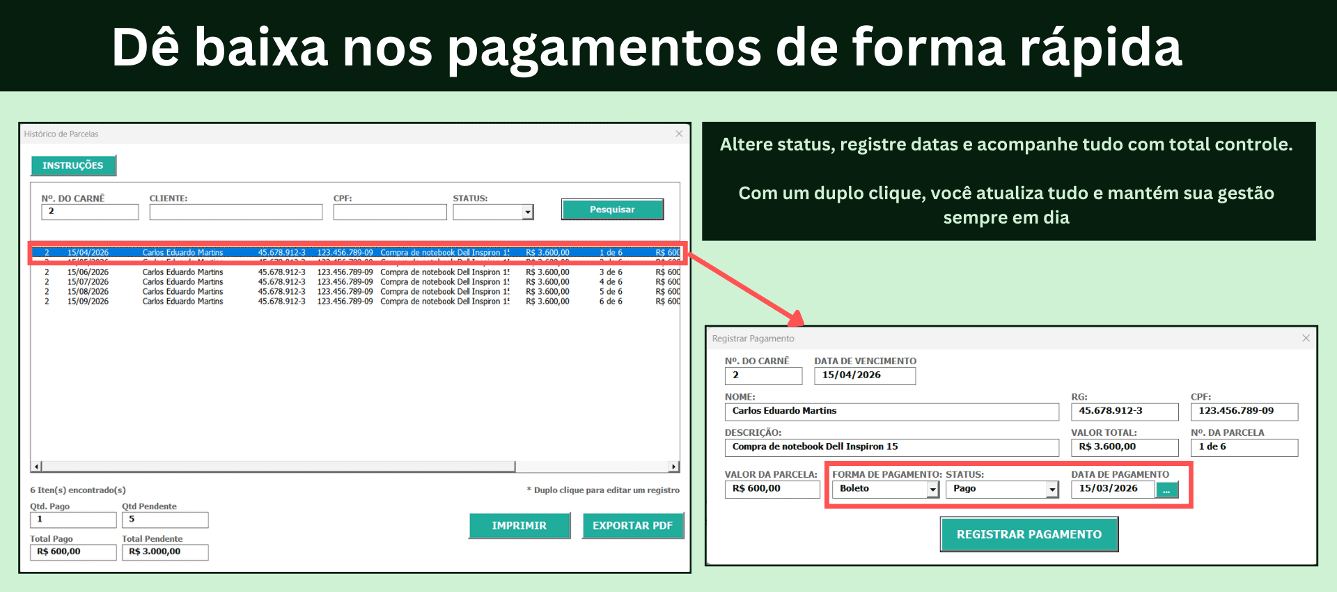 Registro de pagamento e atualização de status de parcelas no Excel