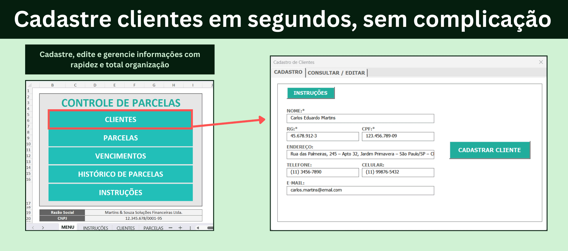 Formulário de cadastro de clientes na planilha de parcelas no Excel