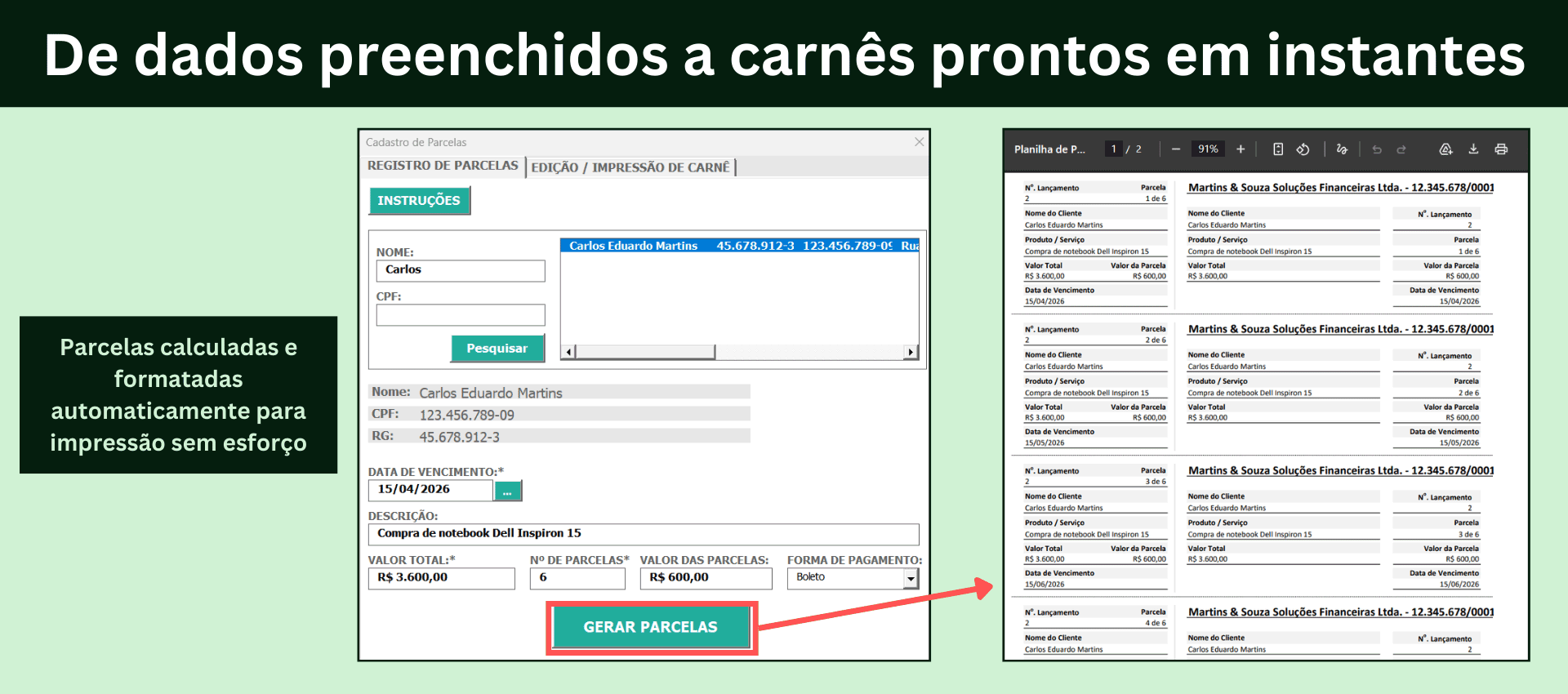 Modelo de carnê gerado automaticamente pela planilha de parcelas para impressão