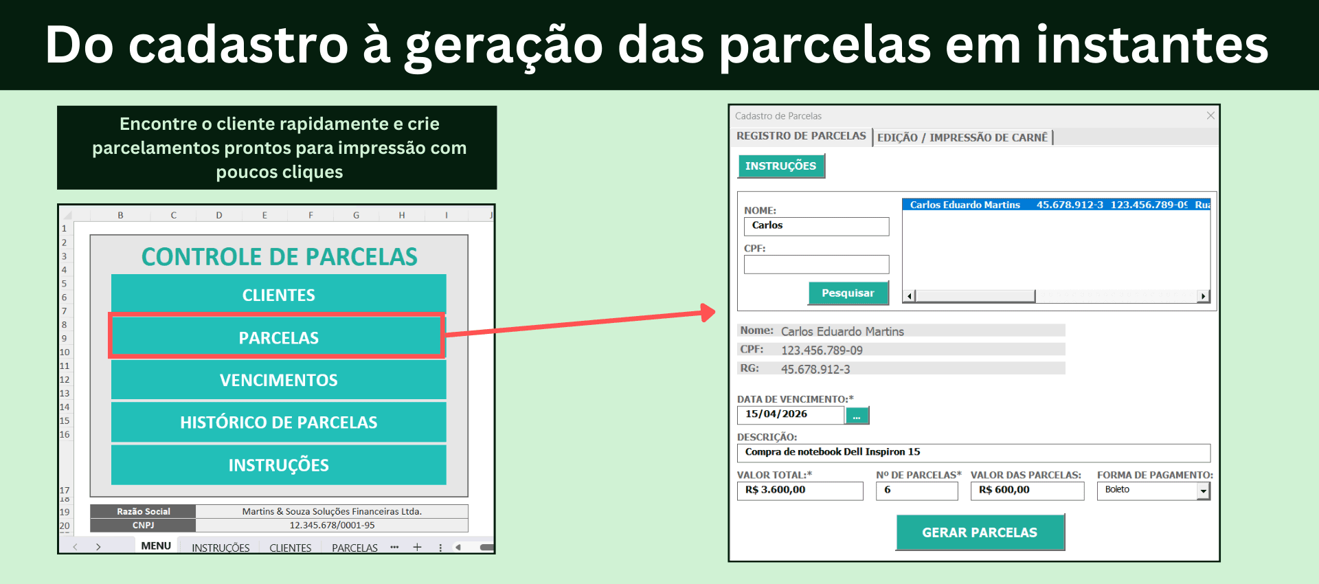 Tela para gerar parcelamentos e calcular parcelas automaticamente no Excel