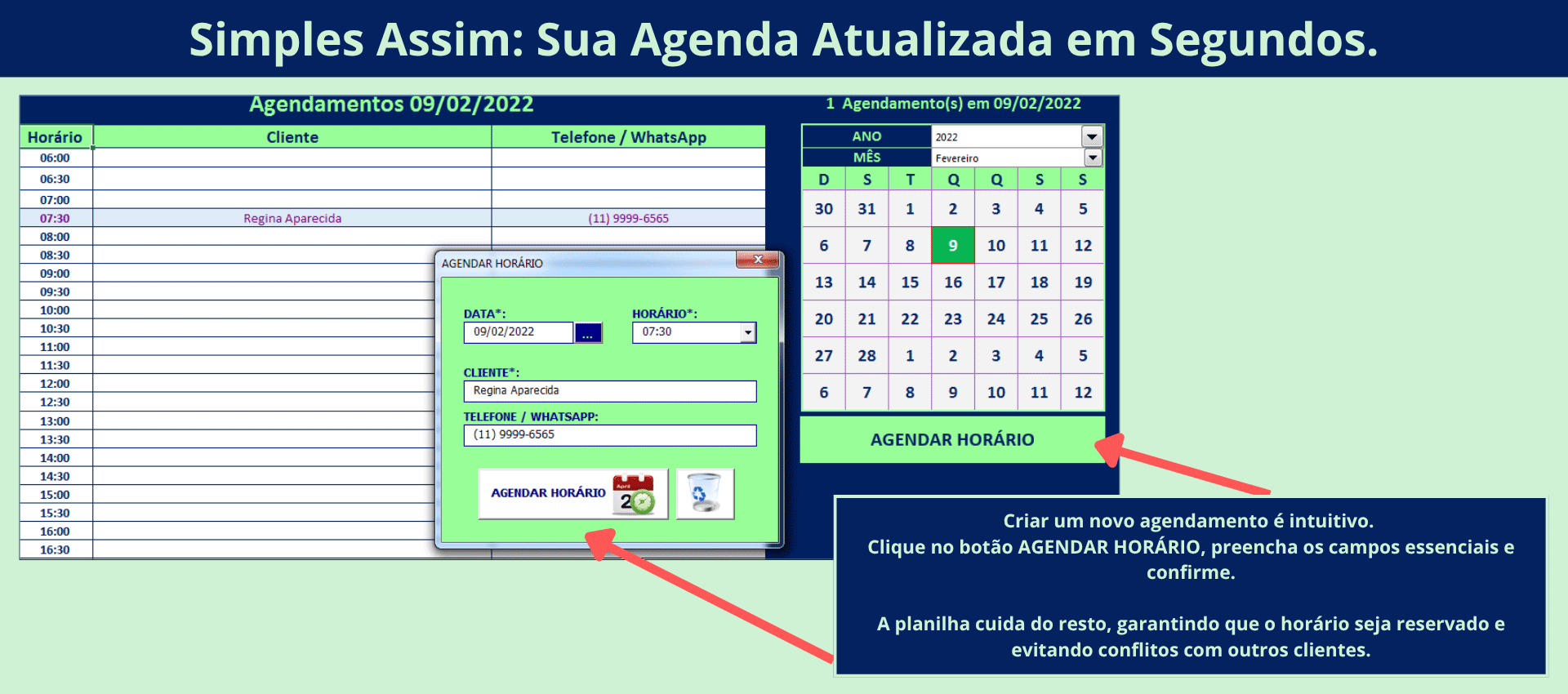 Tela mostrando como agendar horários na Planilha de Agendamento de Clientes