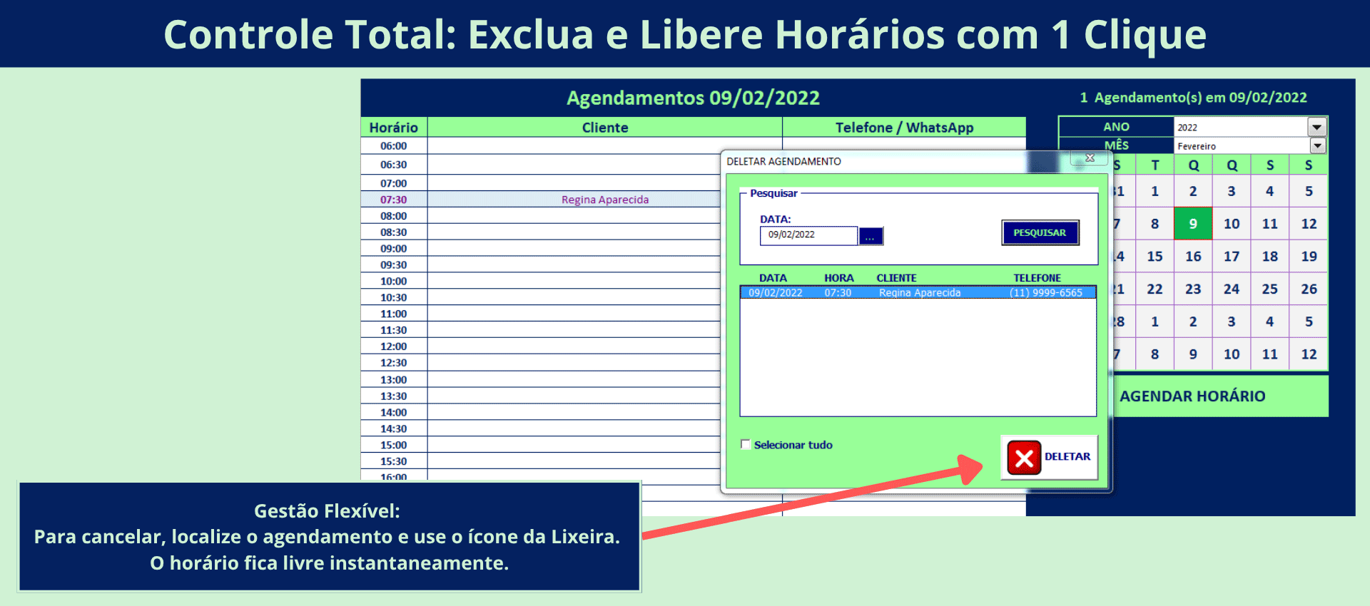 Tela mostrando como excluir agendamentos na Planilha de Agendamento de Clientes