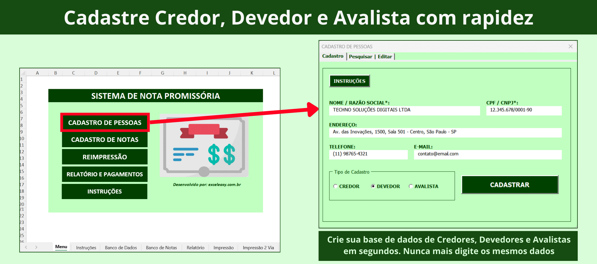 Tela mostrando o formulário de cadastro de Credor, Devedor ou Avalista na planilha de nota promissória