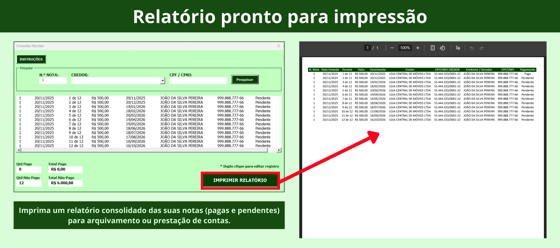 Página de relatório de notas promissórias com status de parcelas pagas e pendentes pronta para impressão