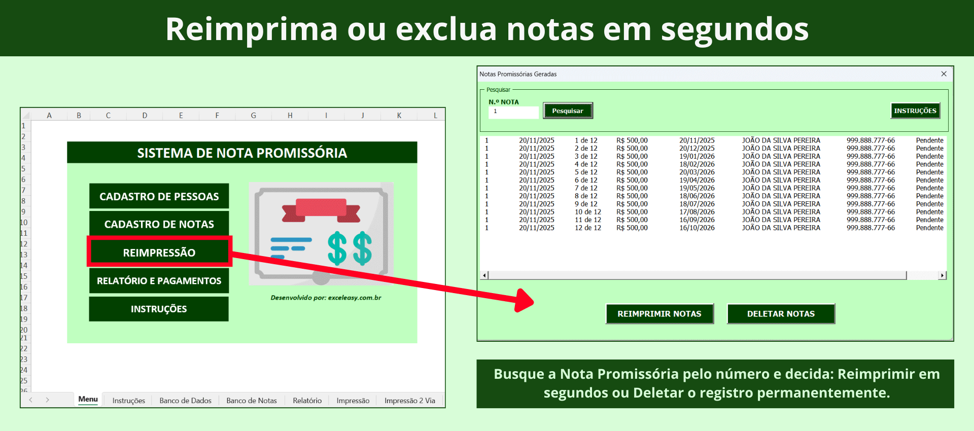 Formulário no Excel para pesquisar nota promissória pelo número e reimprimir ou deletar