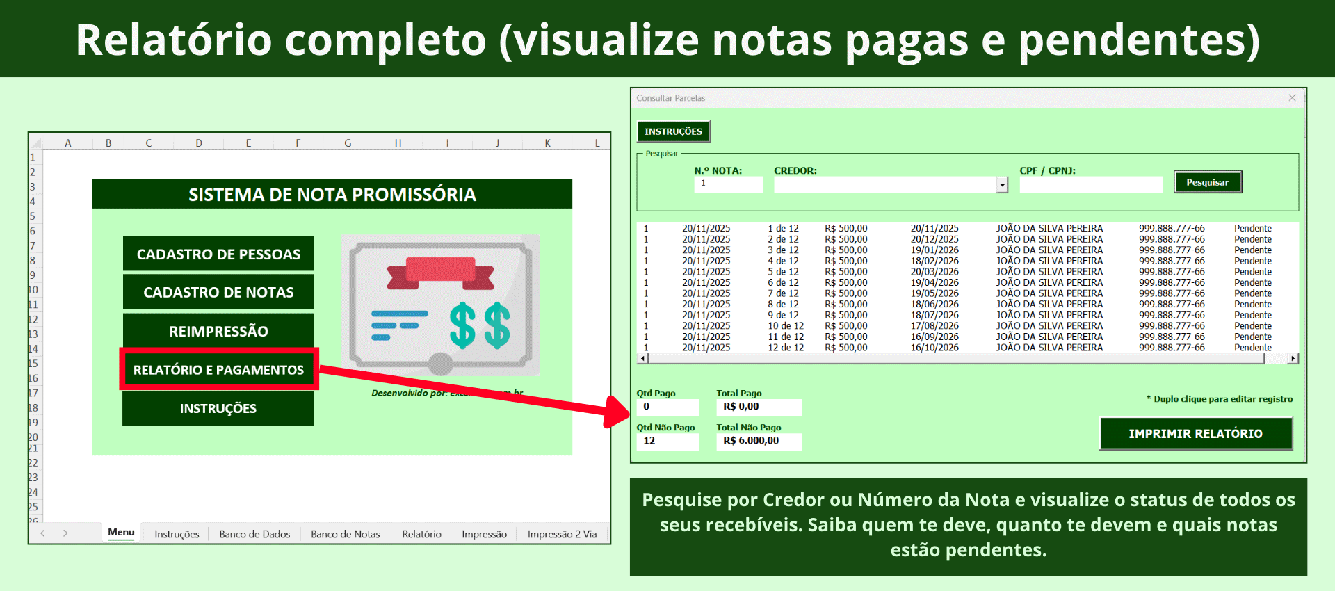 Formulário de relatório mostrando notas promissórias pagas e pendentes com filtros por número, credor ou CPF