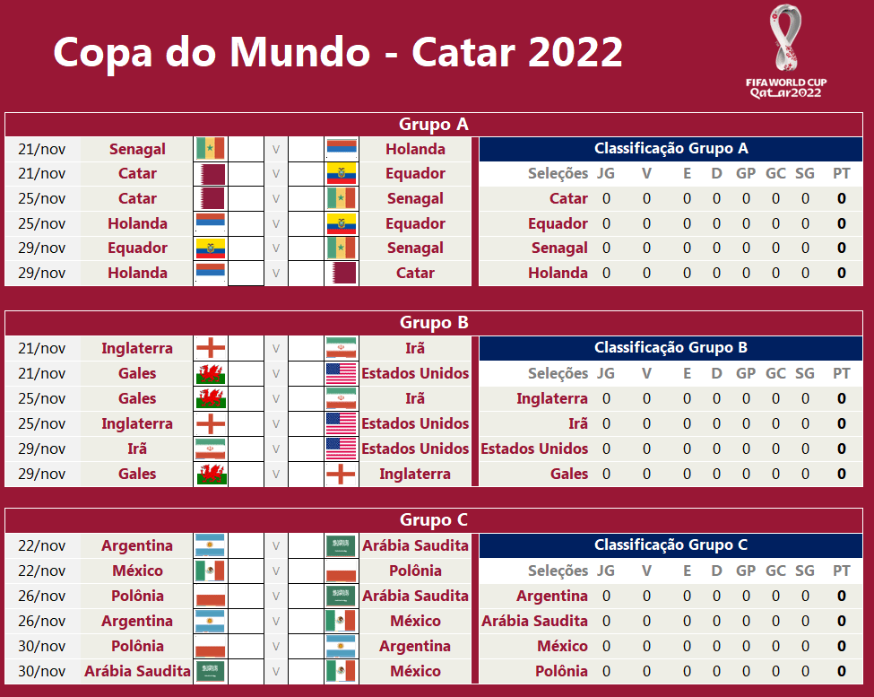 Copa do Mundo do Catar 2022: baixe aqui a tabela de jogos no