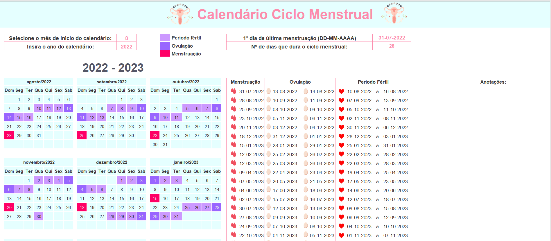 Calendário Menstrual