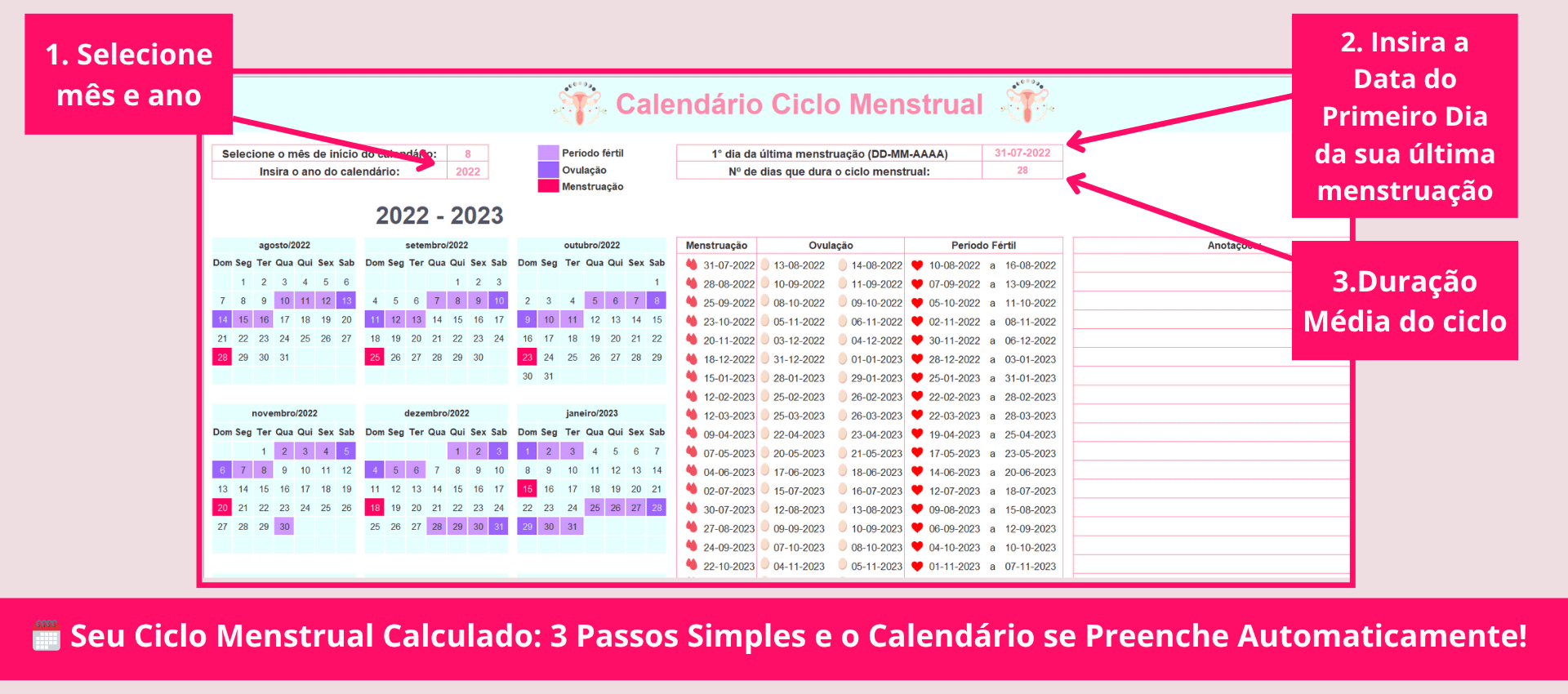 tabela de ciclo menstrual no Excel
