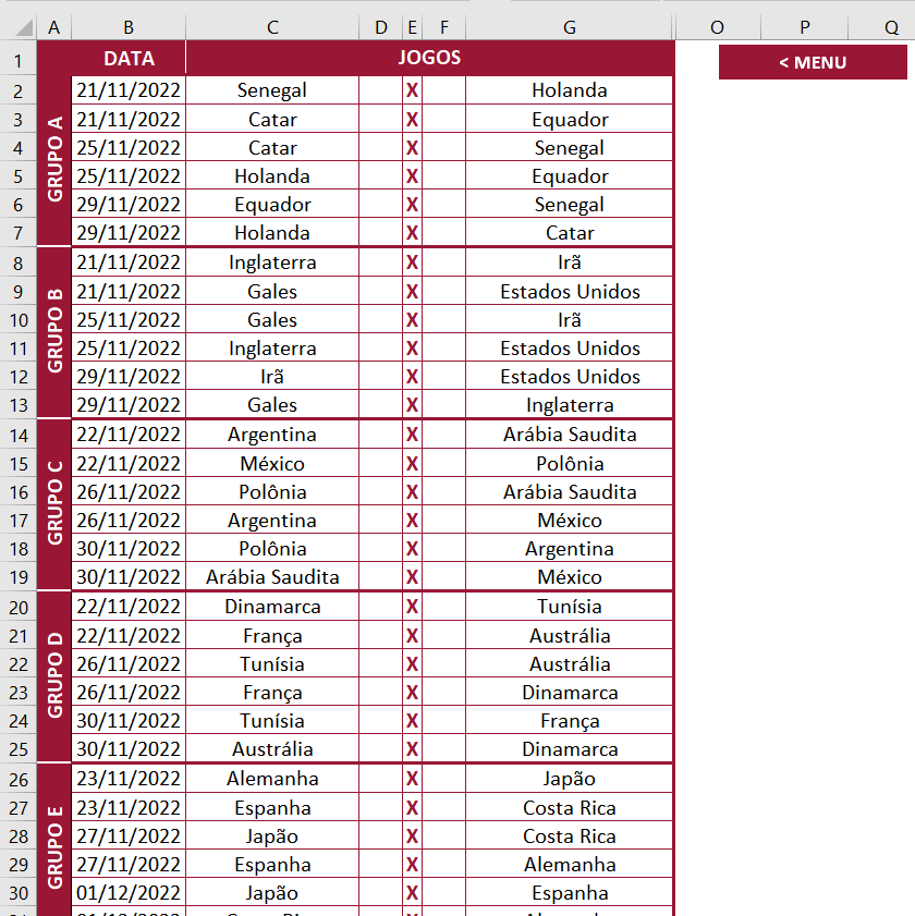 Copa do mundo 2022. modelo de calendário de jogos. tabela de