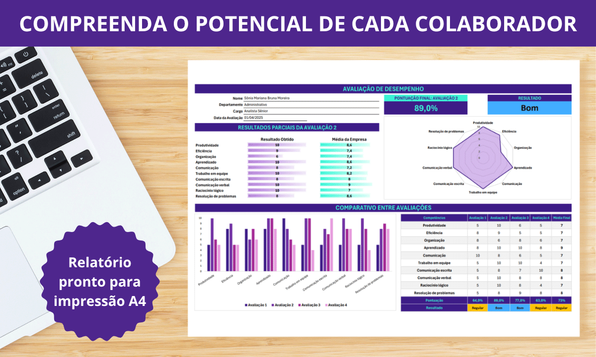Relatório do Colaborador na Planilha de Avaliação de Desempenho com gráfico de radar e comparativo de evolução