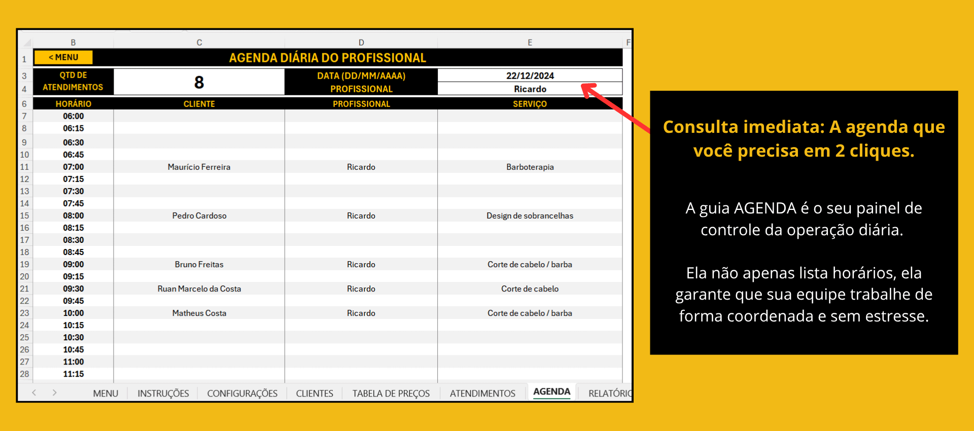 Planilha de Agendamento Barbearia - Consulta Rápida da Agenda Diária. Tela de consulta da agenda barbearia por profissional e data na Planilha para Barbearia, ajudando a evitar o overbooking e otimizar horários.