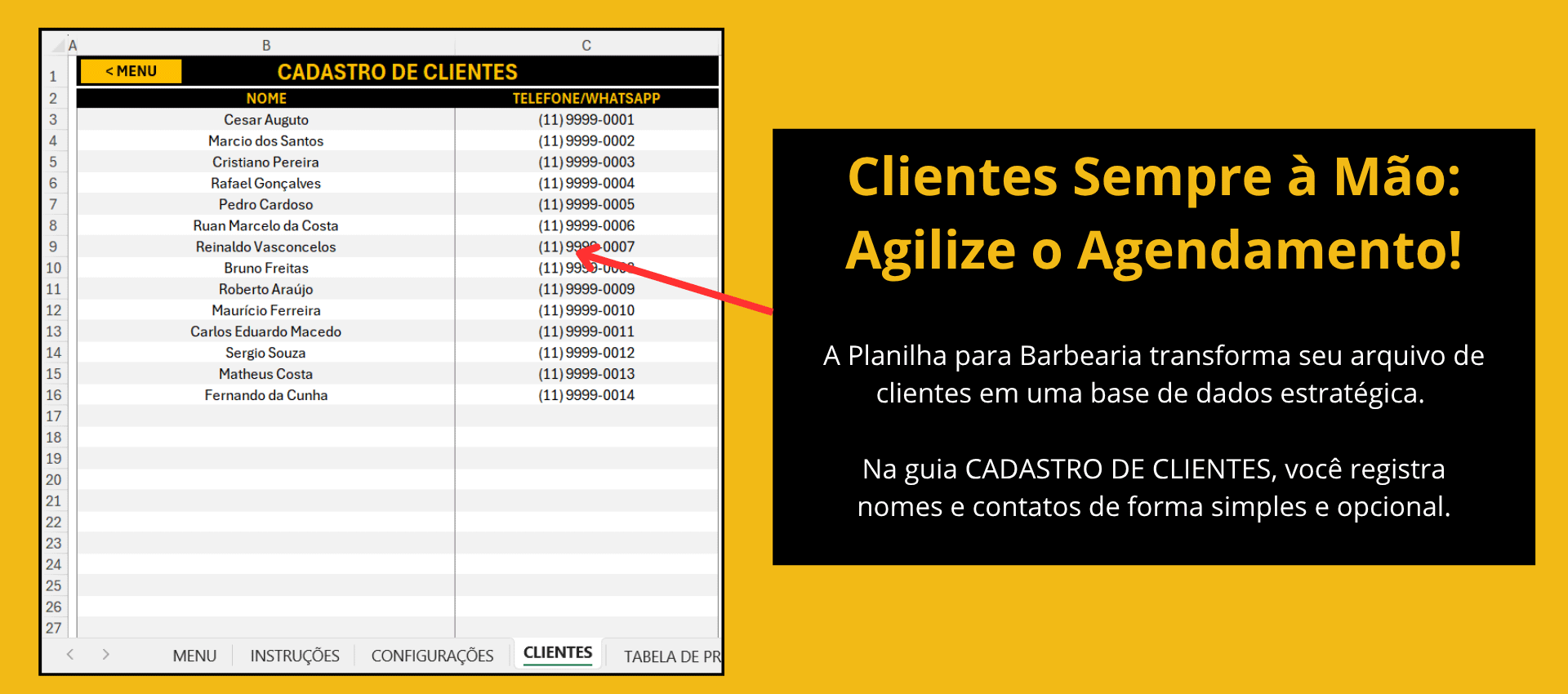 Planilha para Barbearia - Cadastro Organizado de Clientes com Contato. Tela de Cadastro de Clientes da Planilha para Barbearia, com nomes e telefones organizados para facilitar a gestão da agenda de barbearia.