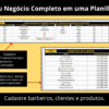 Guia de Configurações da Planilha de Controle Financeiro Barbearia, com cadastros de serviços, produtos, formas de pagamento, comissões de barbeiros e lista de clientes.