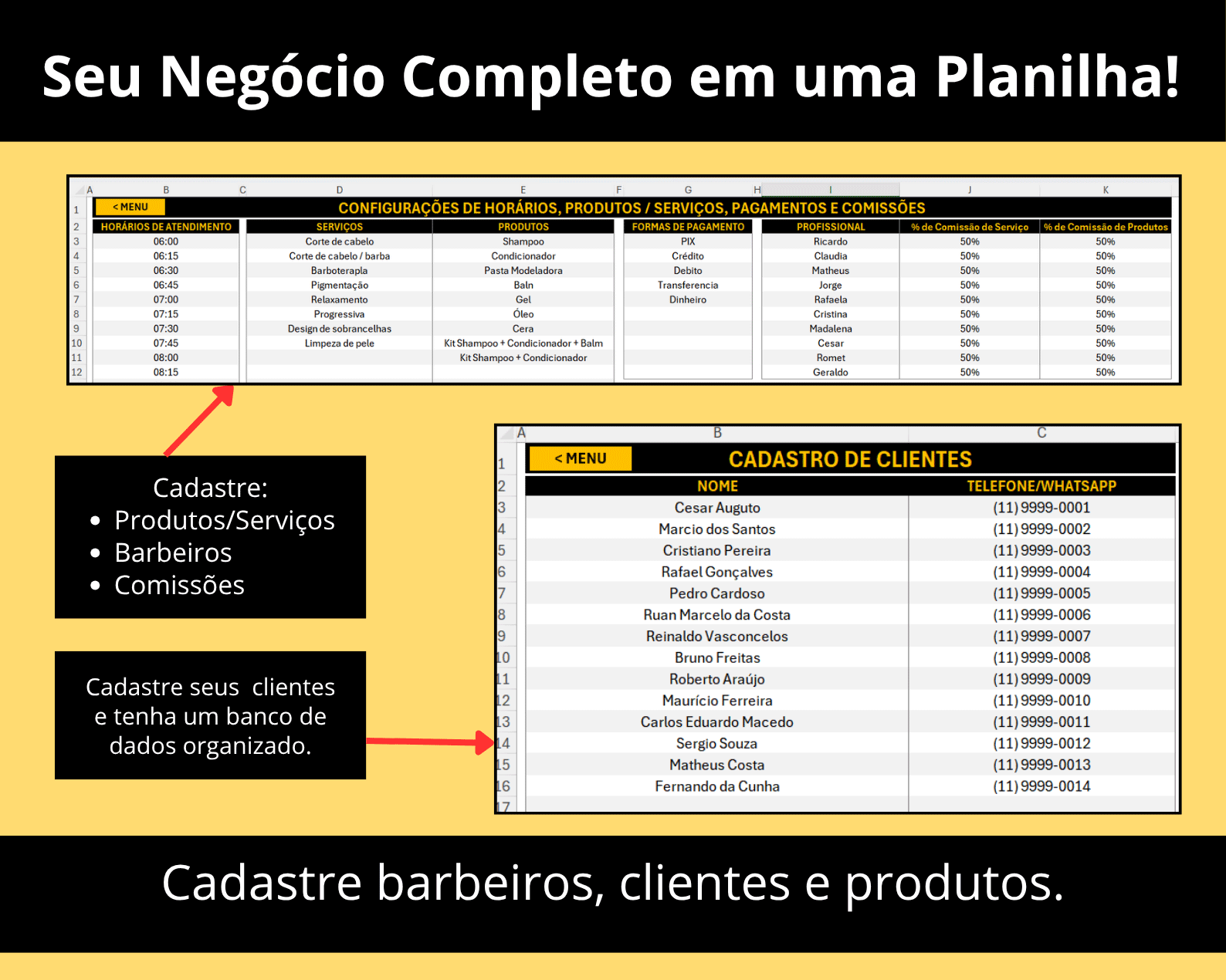 Guia de Configurações da Planilha de Controle Financeiro Barbearia, com cadastros de serviços, produtos, formas de pagamento, comissões de barbeiros e lista de clientes.