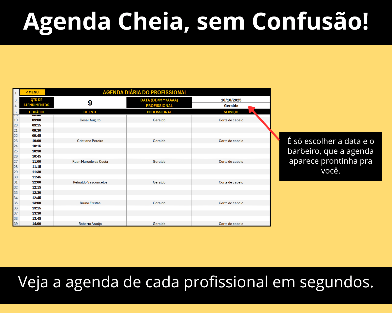 Exibição da agenda de barbearia por profissional. A Planilha para Barbearia organiza a agenda diária de forma clara e sem confusão.