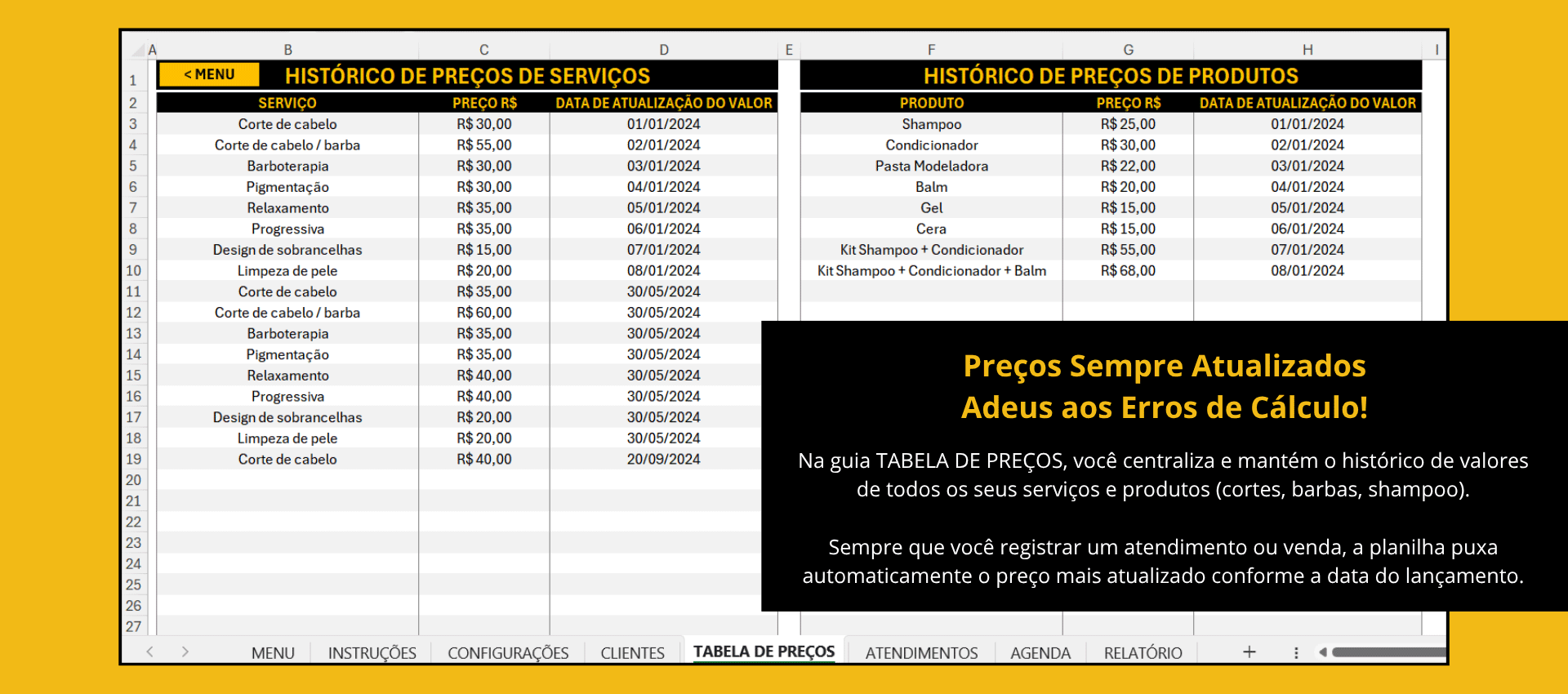Planilha de Controle Financeiro Barbearia - Histórico e Tabela de Preços de Serviços. Tela da Planilha para Barbearia mostrando a Tabela de Preços de Serviços e Produtos, essencial para um controle financeiro barbearia preciso e atualizado.