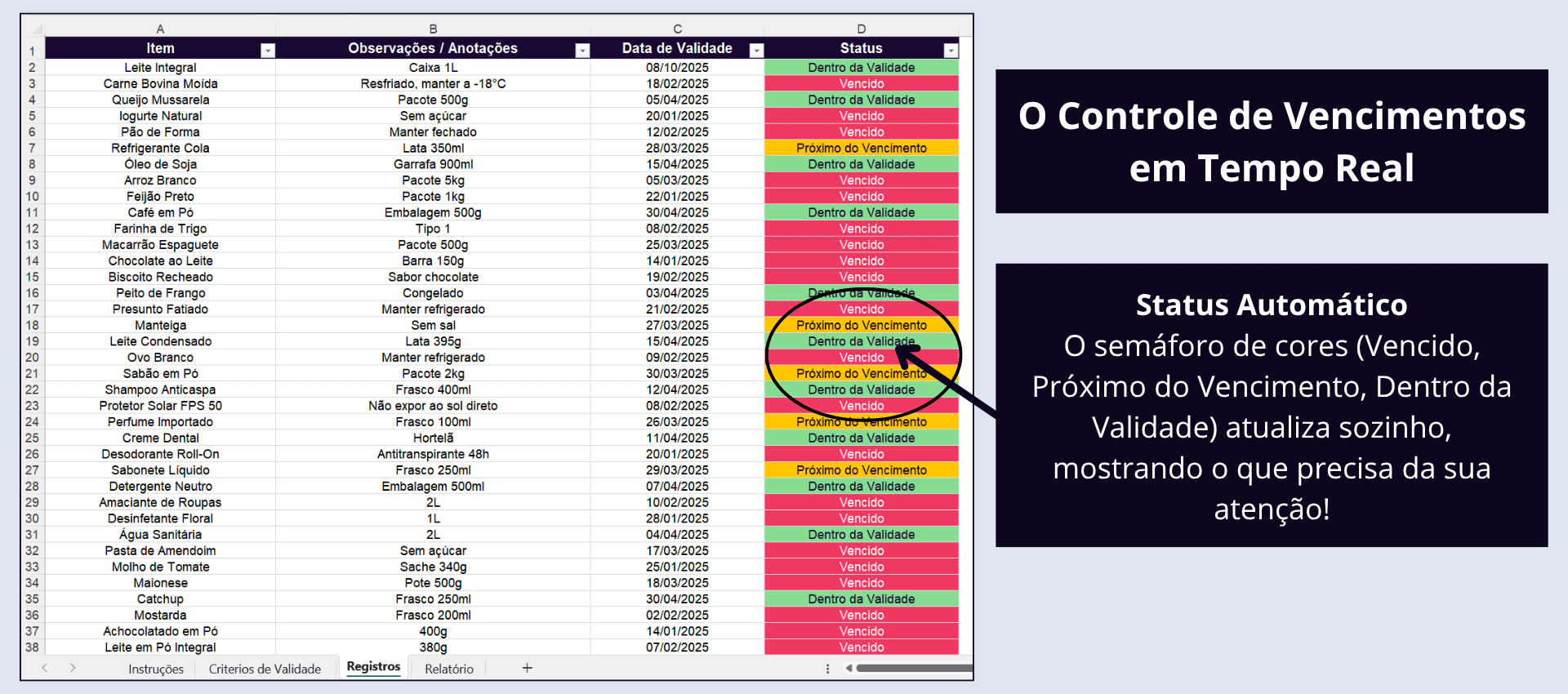Tela de Registros da Planilha de Controle de Validade com semáforo de status (verde, amarelo e vermelho).