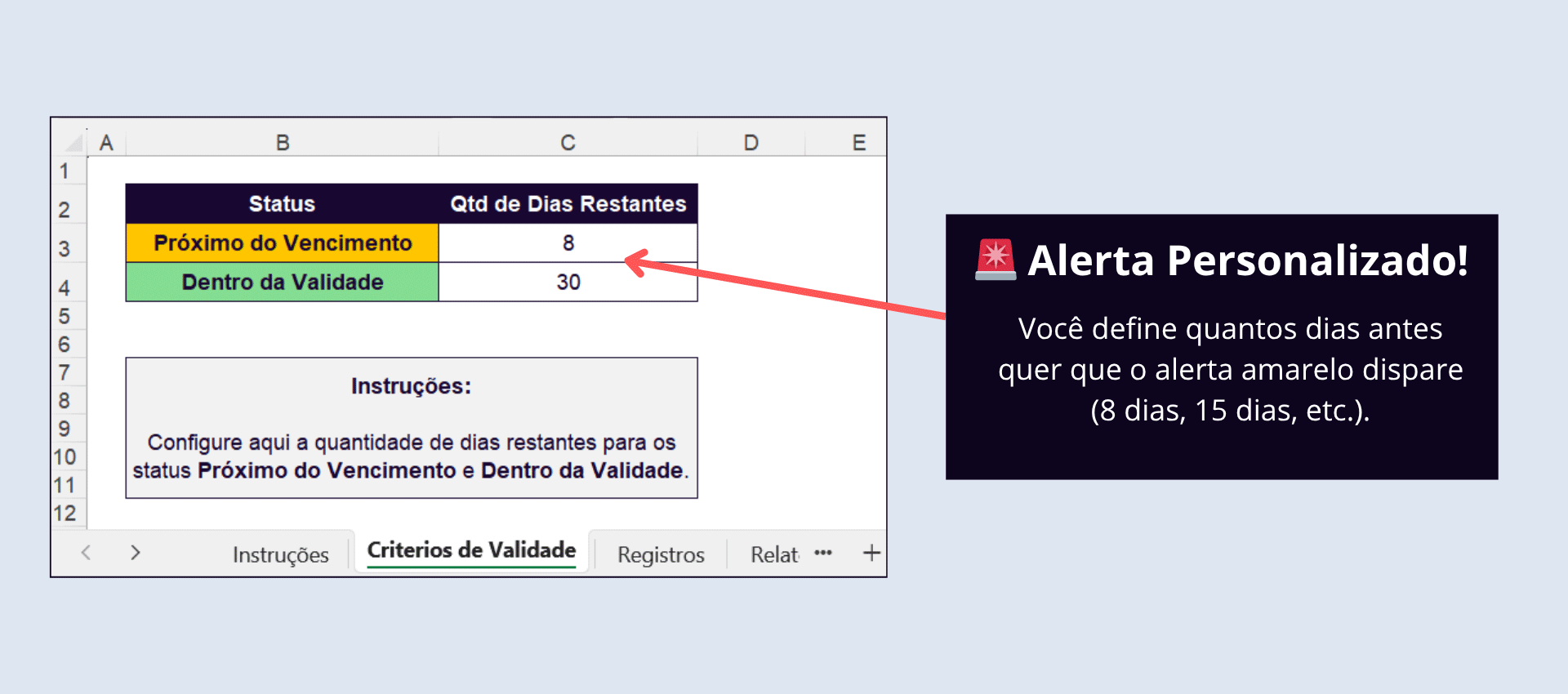 Tela de configuração da Planilha de Controle de Validades para personalizar alerta de vencimento.