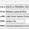 Preenchimento do cabeçalho no Modelo de Relatório para Educação Infantil, mostrando campos como escola, professor, aluno, turma e período.