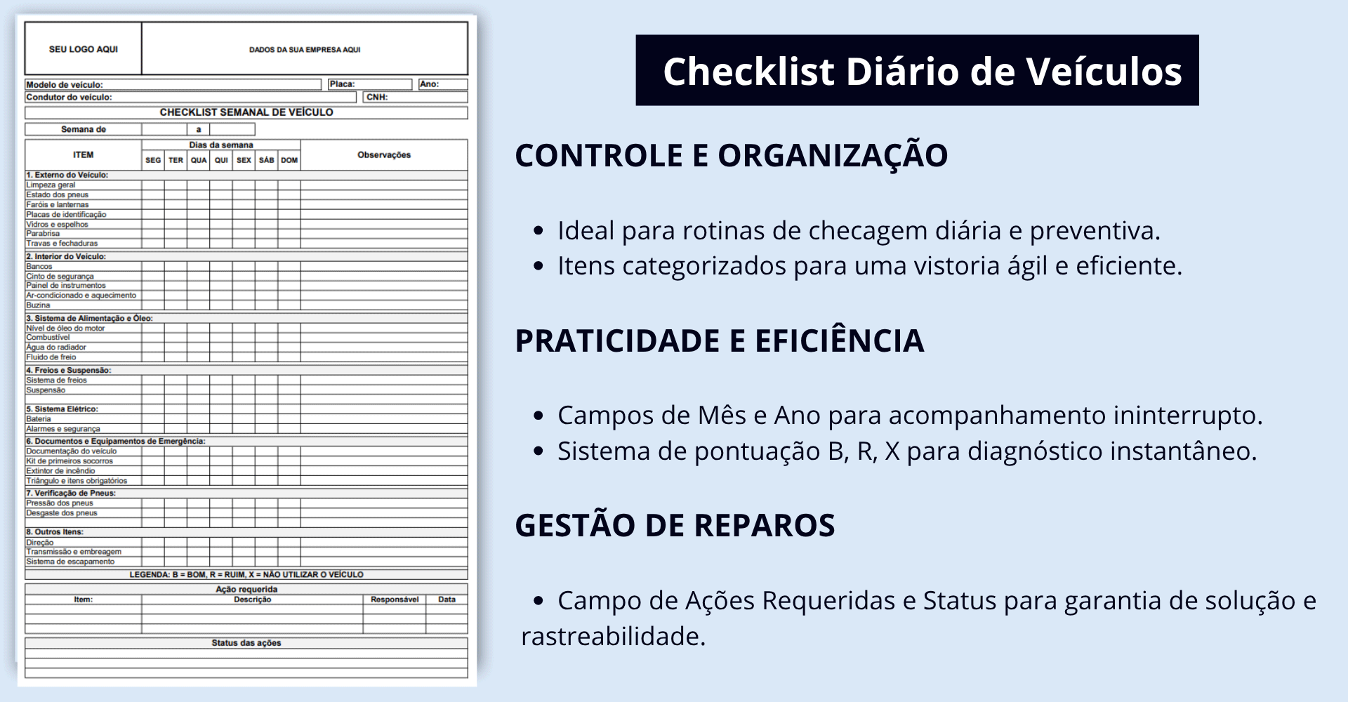 Captura de tela do formulário digital para inspeções diárias de veículos.