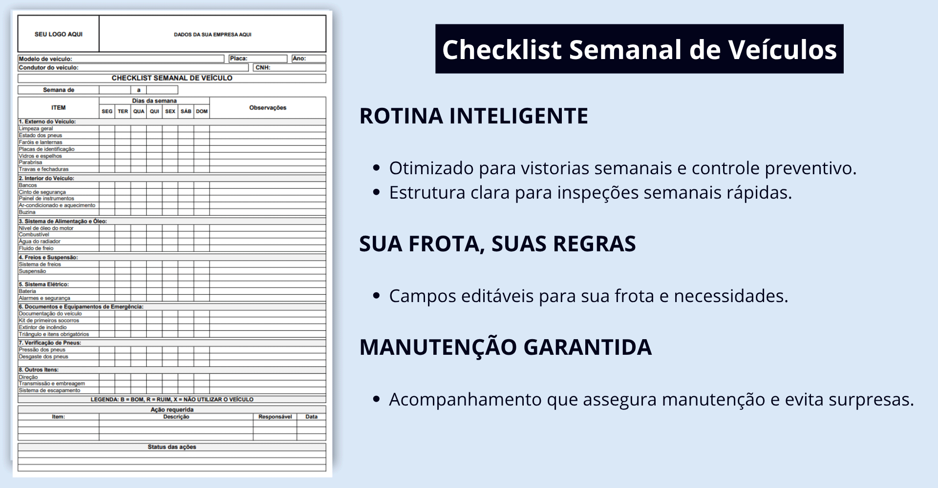 Exemplo do formulário de inspeção semanal para veículos.