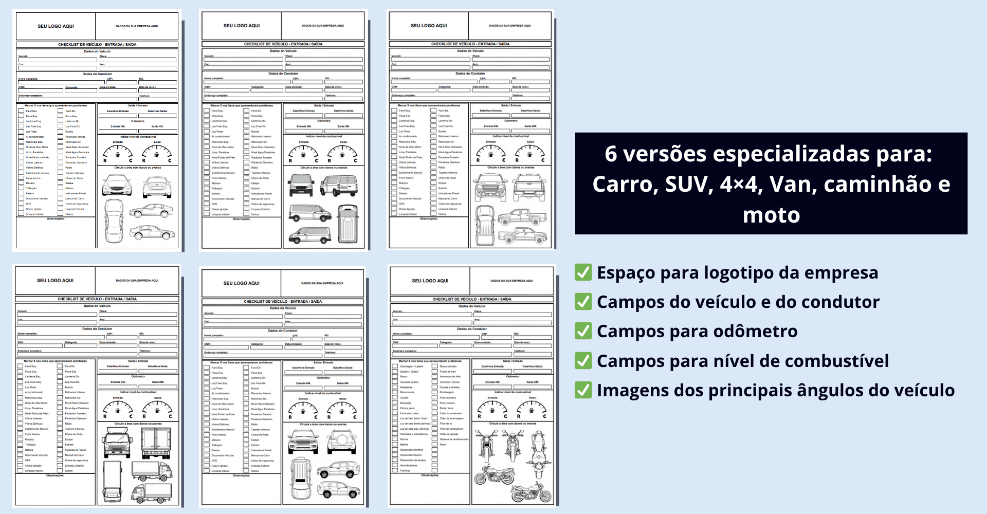 Diferentes versões do formulário de entrada e saída para diversos tipos de veículos.