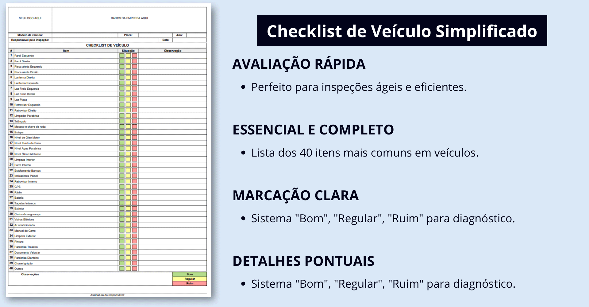Visão geral do modelo simplificado e versátil para inspeções rápidas de veículos.
