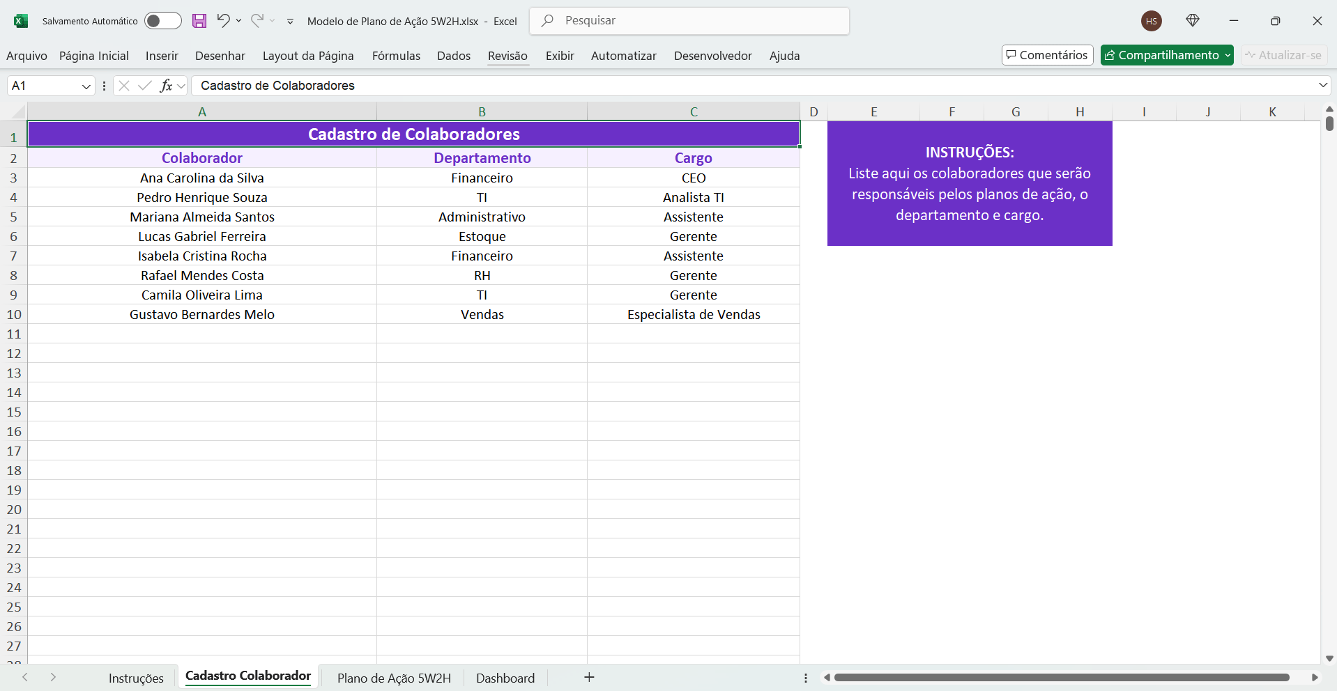 Imagem mostrando cadastro de colaboradores participantes de plano de ação