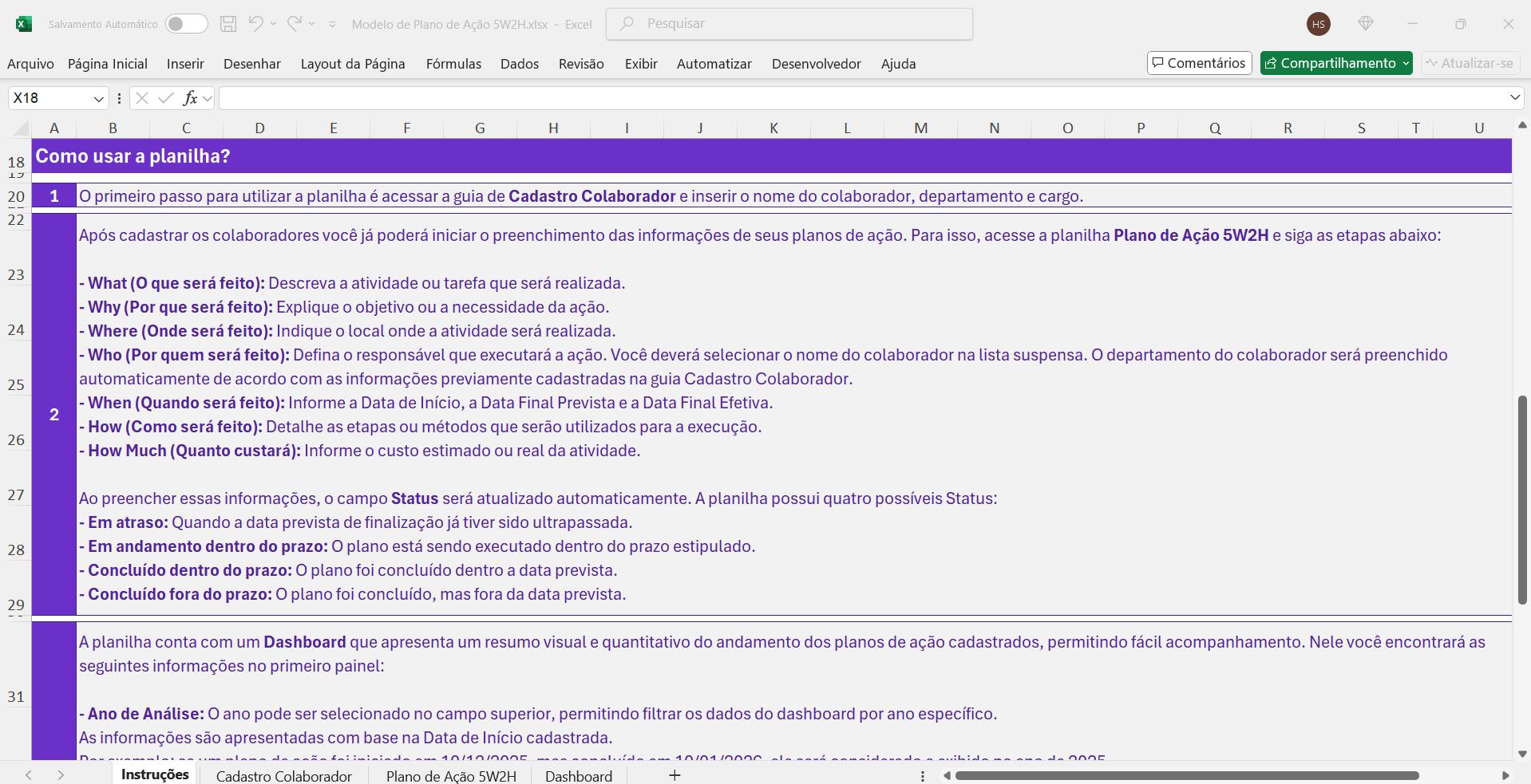 Imagem mostrando as instruções de uso da Planilha 5W2H