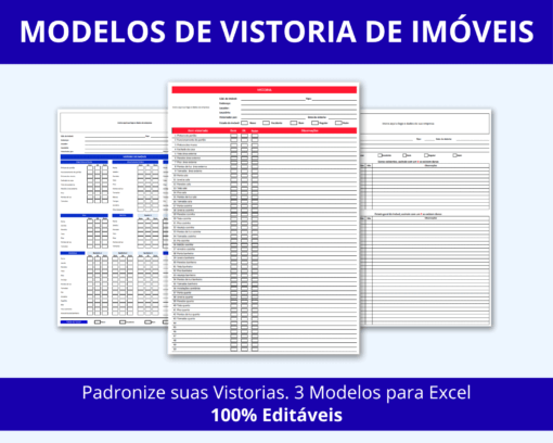 Mockup mostrando os 3 Modelos de Vistoria de Imóveis em Excel em diferentes dispositivos, destacando a editabilidade e o profissionalismo.