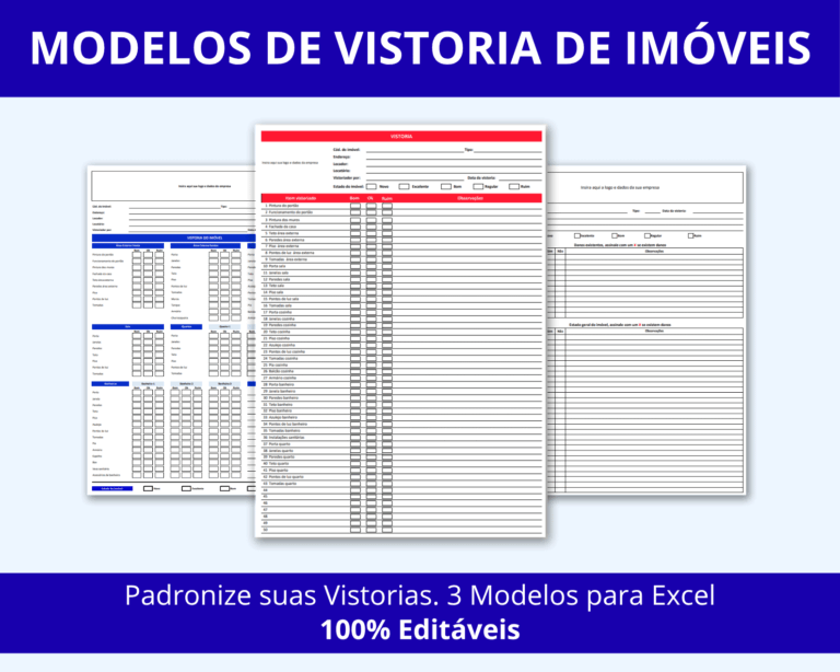 Mockup mostrando os 3 Modelos de Vistoria de Imóveis em Excel em diferentes dispositivos, destacando a editabilidade e o profissionalismo.