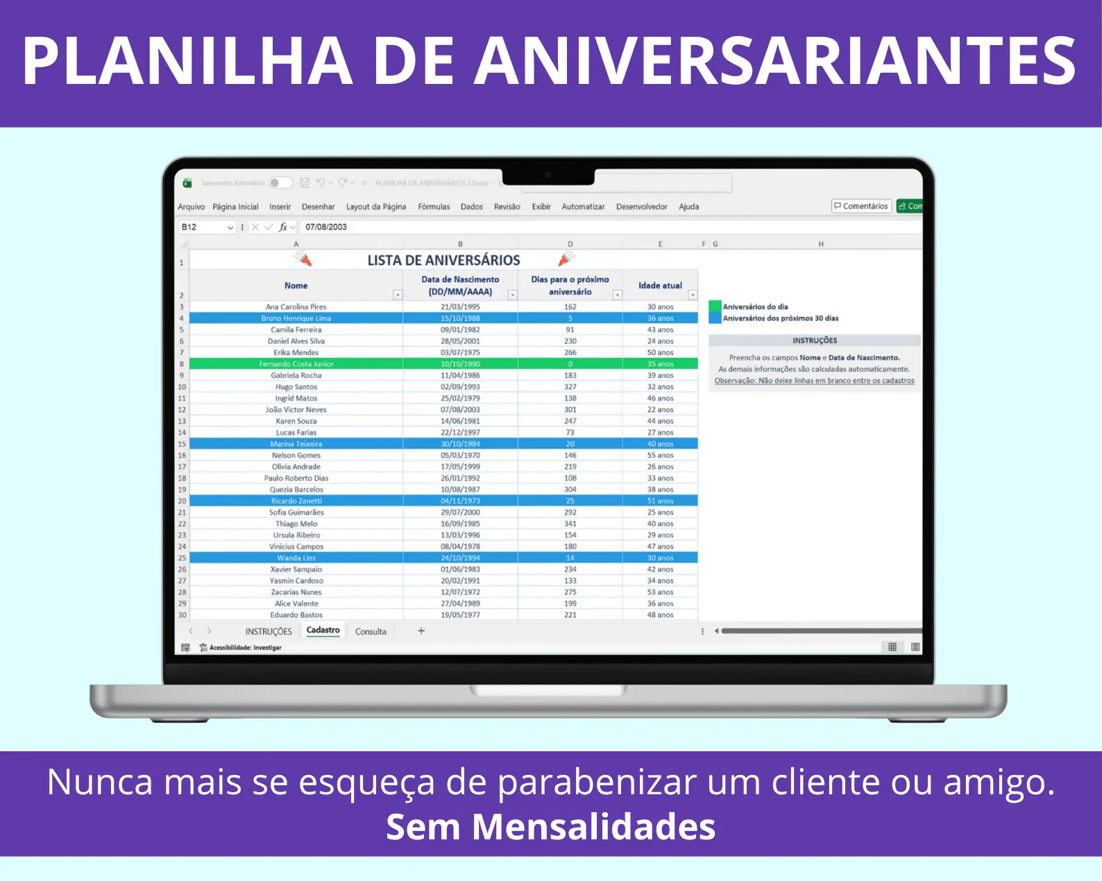 Planilha para Datas de Aniversários