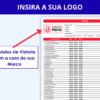 Close-up da tela do tablet mostrando o Modelo Simples de Vistoria com a logo da imobiliária no cabeçalho, reforçando a customização e o profissionalismo.