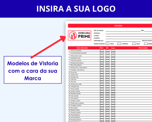 Close-up da tela do tablet mostrando o Modelo Simples de Vistoria com a logo da imobiliária no cabeçalho, reforçando a customização e o profissionalismo.