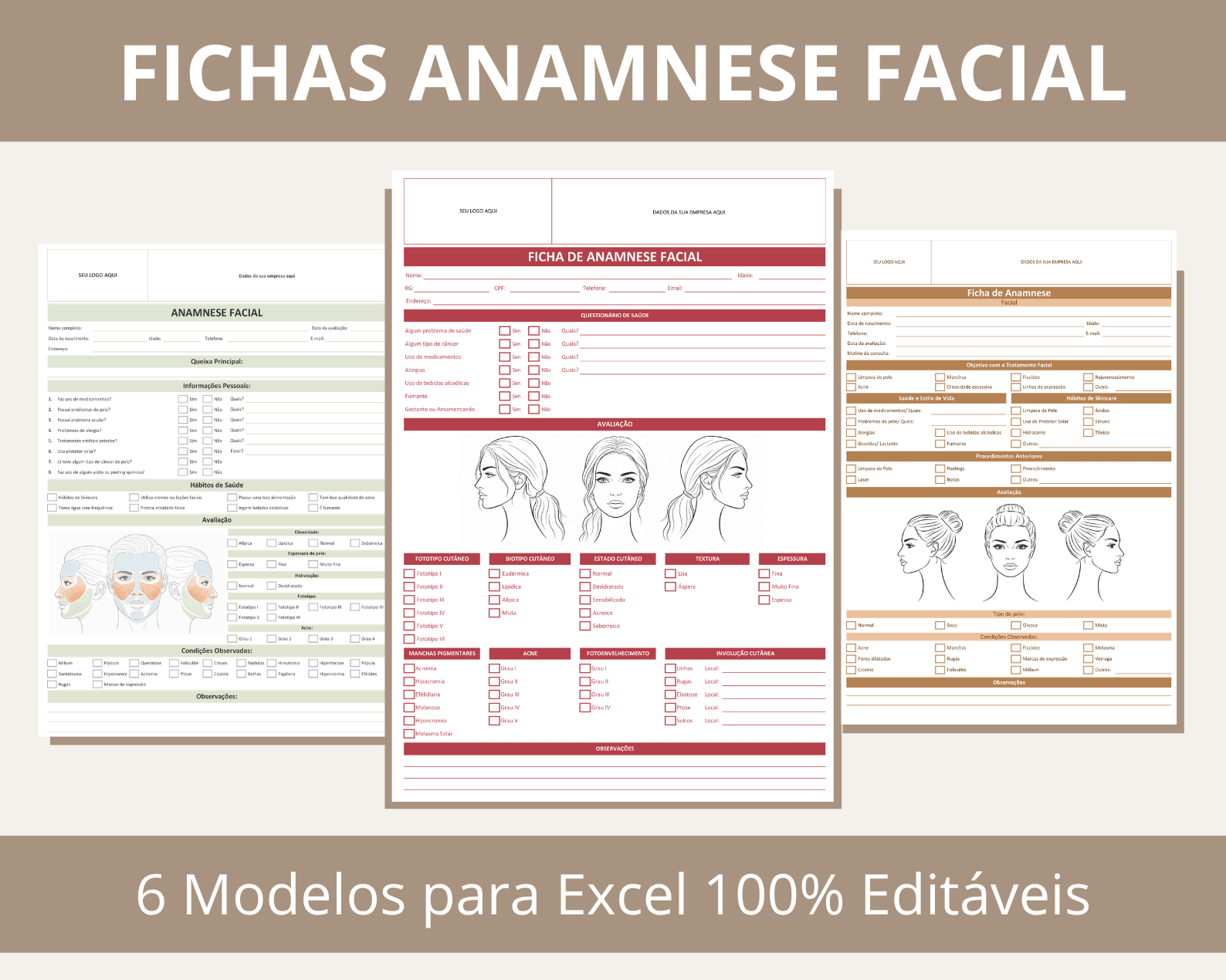 6 modelos de ficha de anamnese facial editáveis no Excel