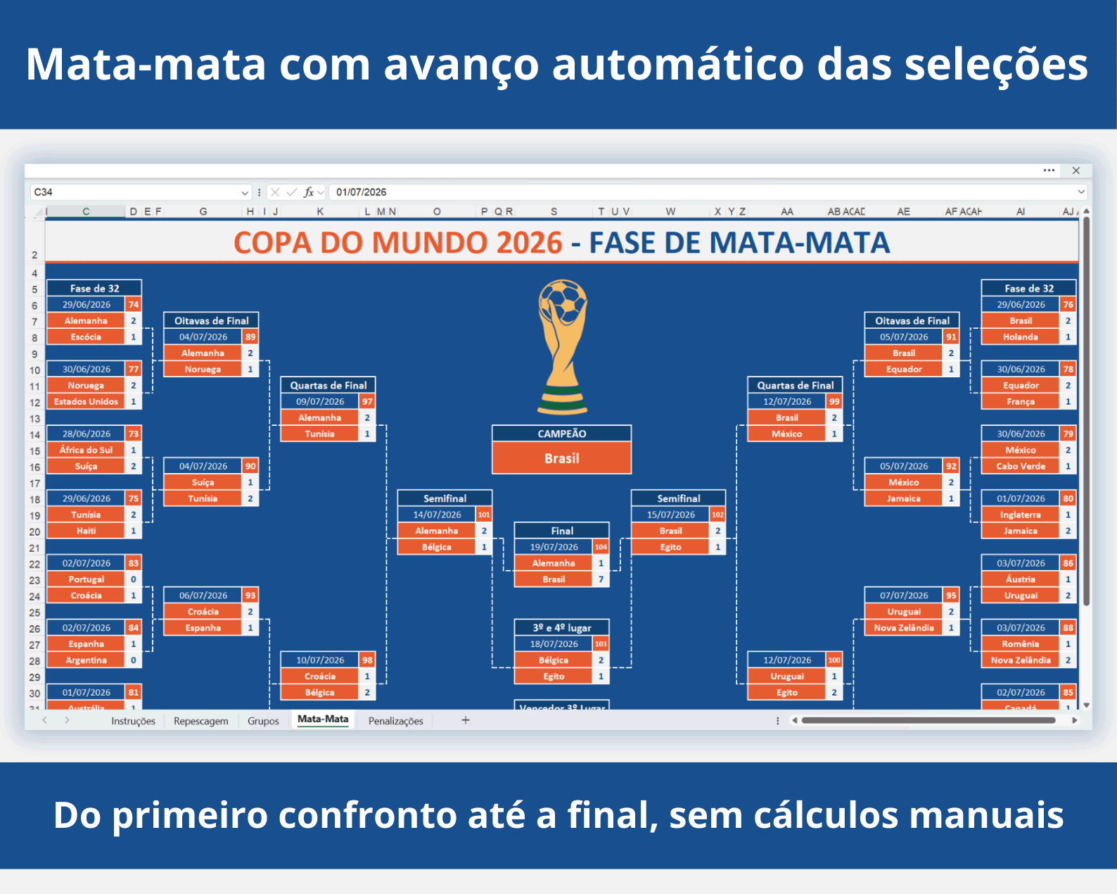 Mata-mata com avanço automático das seleções na Tabela da Copa do Mundo 2026 editável