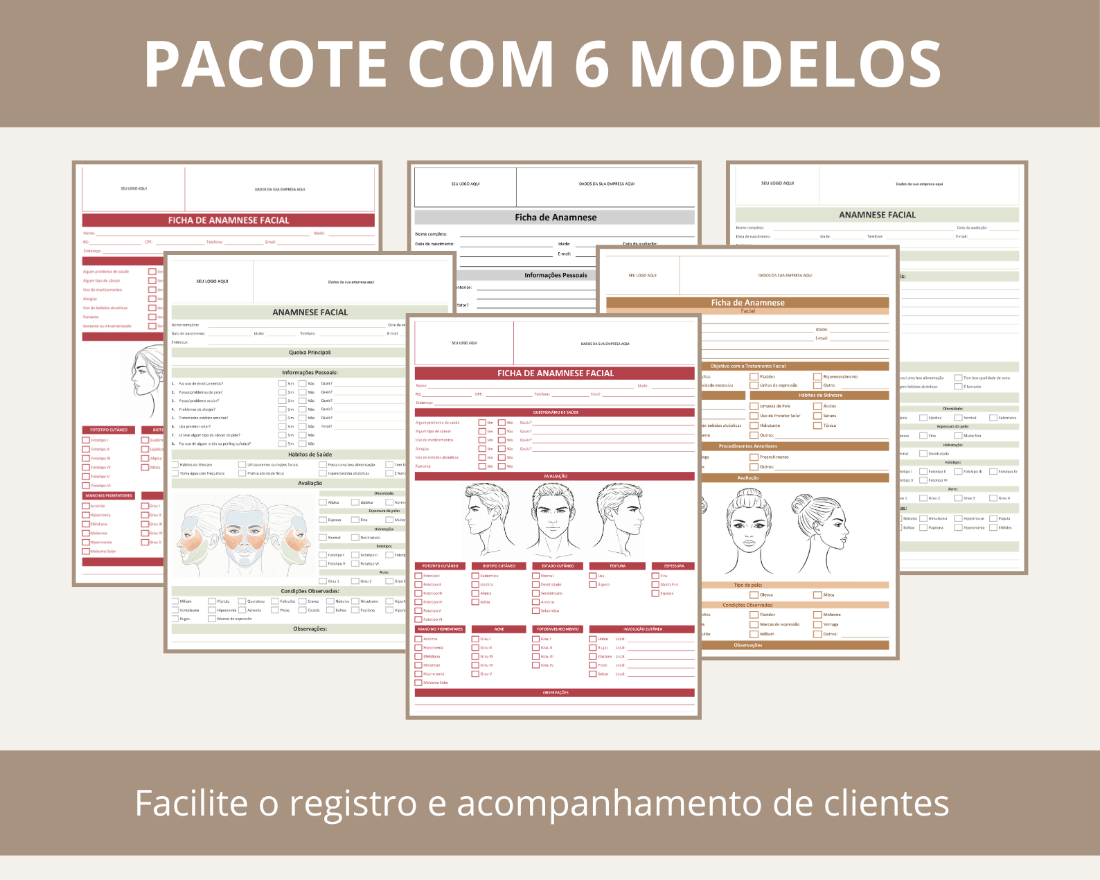 pacote com 6 fichas de anamnese facial para atendimento estético