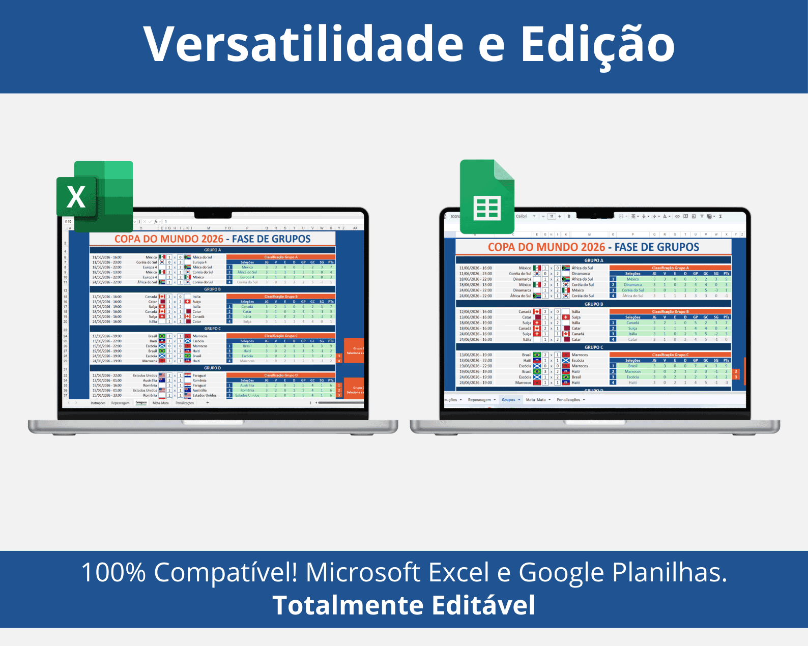 Tabela da Copa do Mundo 2026 editável compatível com Microsoft Excel e Google Planilhas