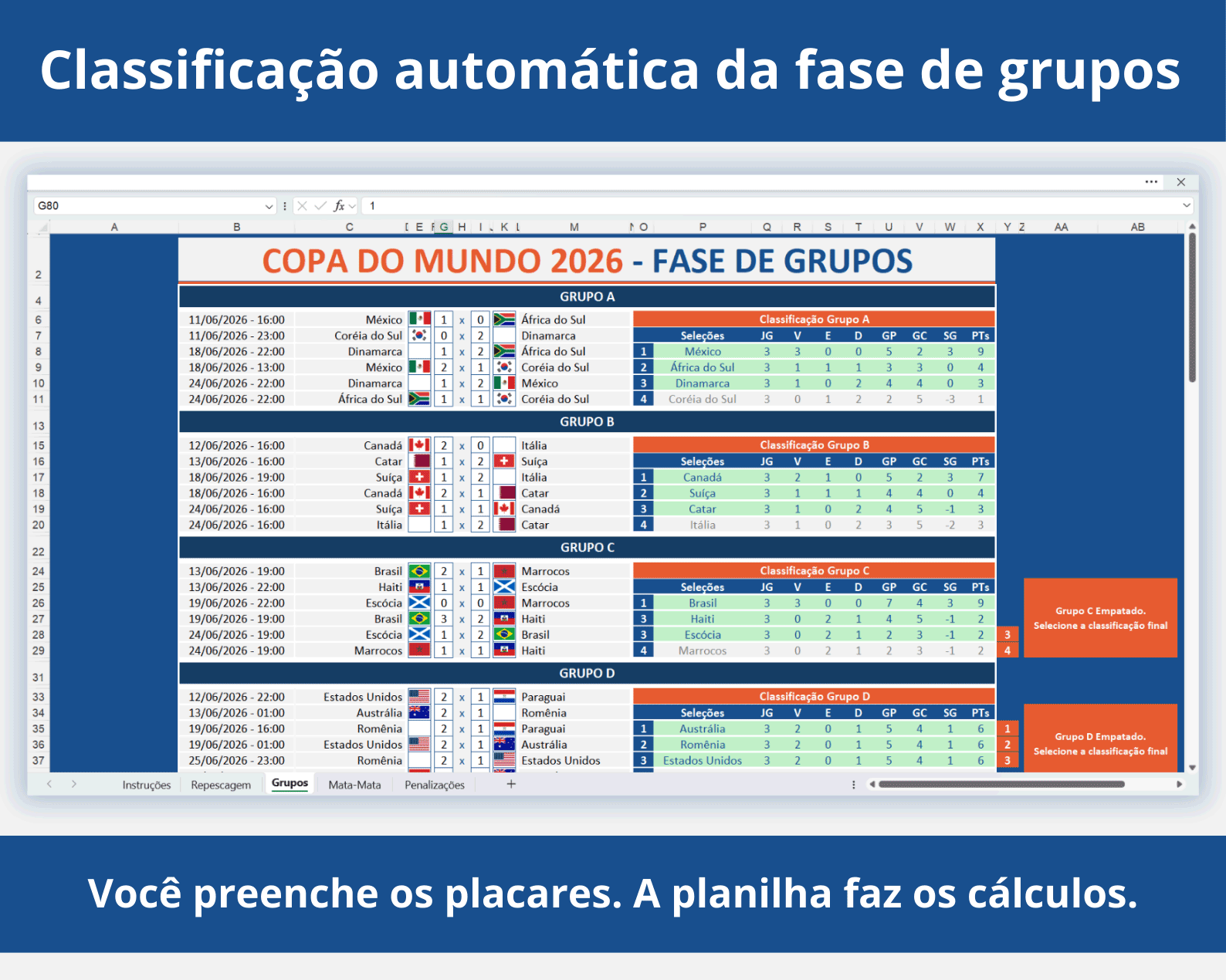 Classificação automática da fase de grupos na Tabela da Copa do Mundo 2026 editável