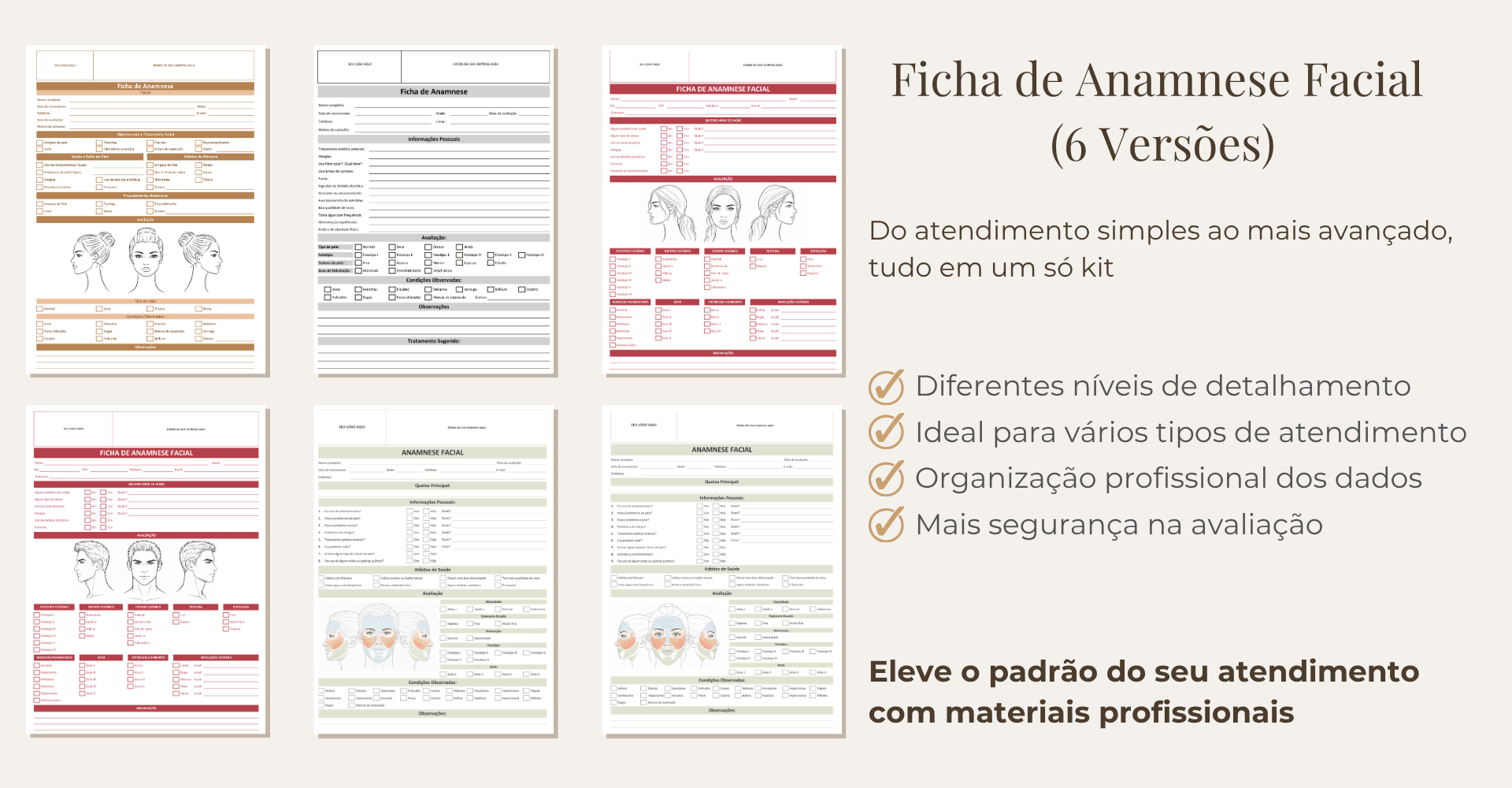 visão geral com 6 modelos de ficha de anamnese facial